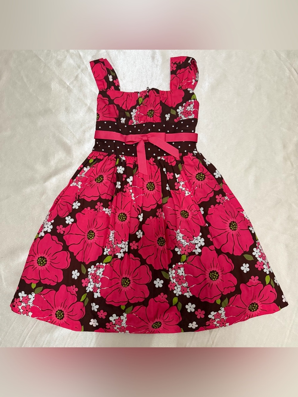 Bonnie Jean Girls Pink and Brown Floral Print Dress with Polka Dot Bow, Size 3T